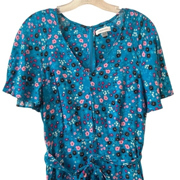 Calvin Klein Women's Size 8 Blue Ditsy Floral Knee Length Dress V-Neck - Picture 2 of 14